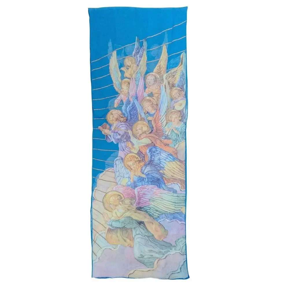 Y2K Sheer Angel Print Chiffon Oblong Scarf Blue Religious Art Wrap